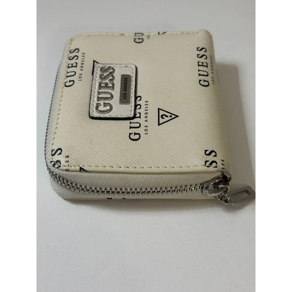 Guess Los Angeles Zip‎ Around Wallet White Logo Print Saffiano Faux Leather - Picture 11 of 11